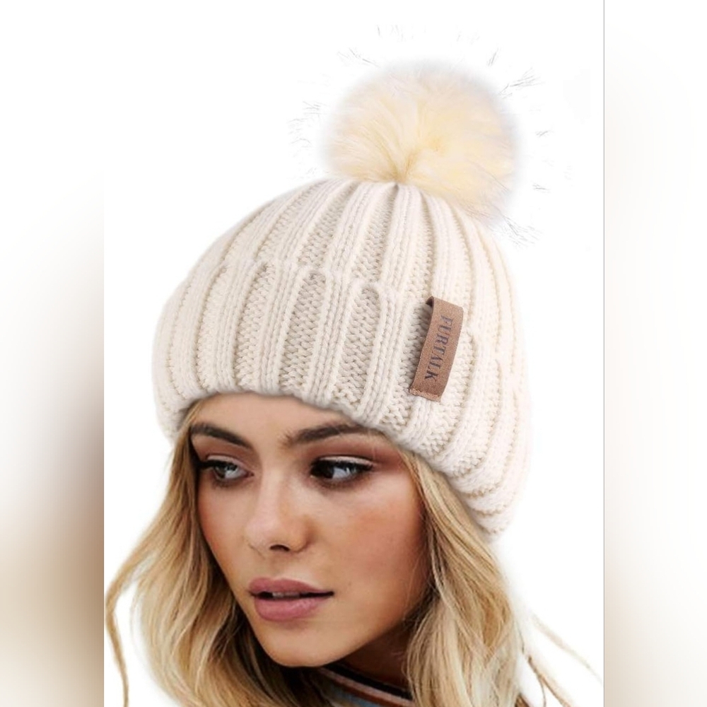 Cream Knit Beanie with Detachable Pom-Pom by Furtalk